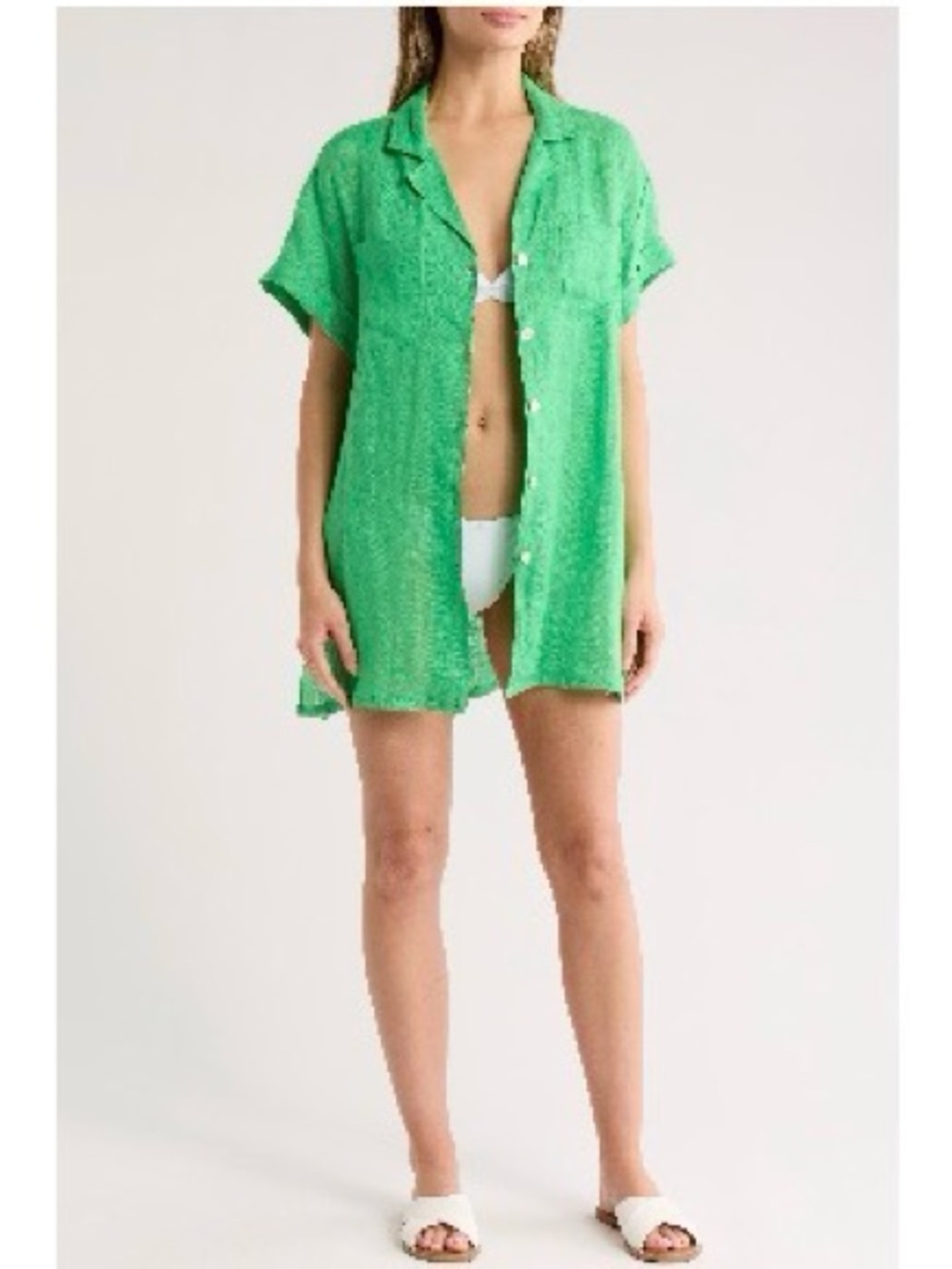 Vitamin A Playa Pocket Linen Beach Cover up Shirt Spearmint Green - Picture 2 of 2